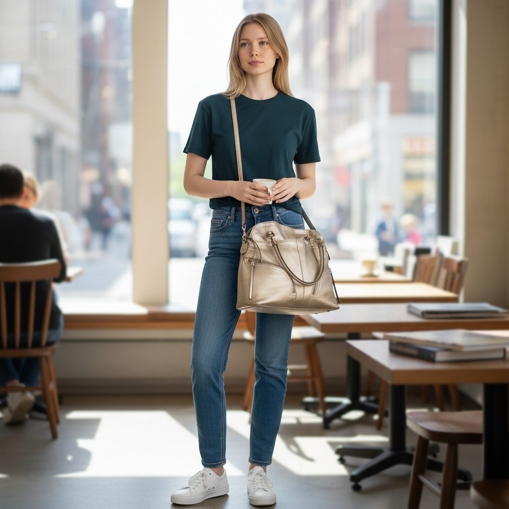 B MAKOWSKY Metallic Champagne Gold Pebbled Leather Shoulder Bag Crossbody